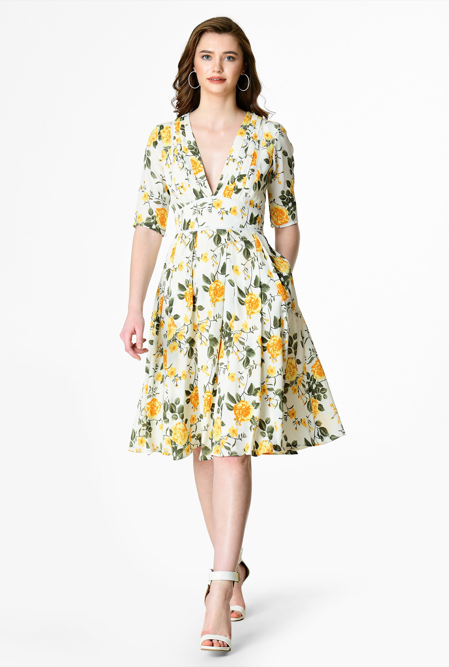 Shop Plunge floral print banded empire dress | eShakti