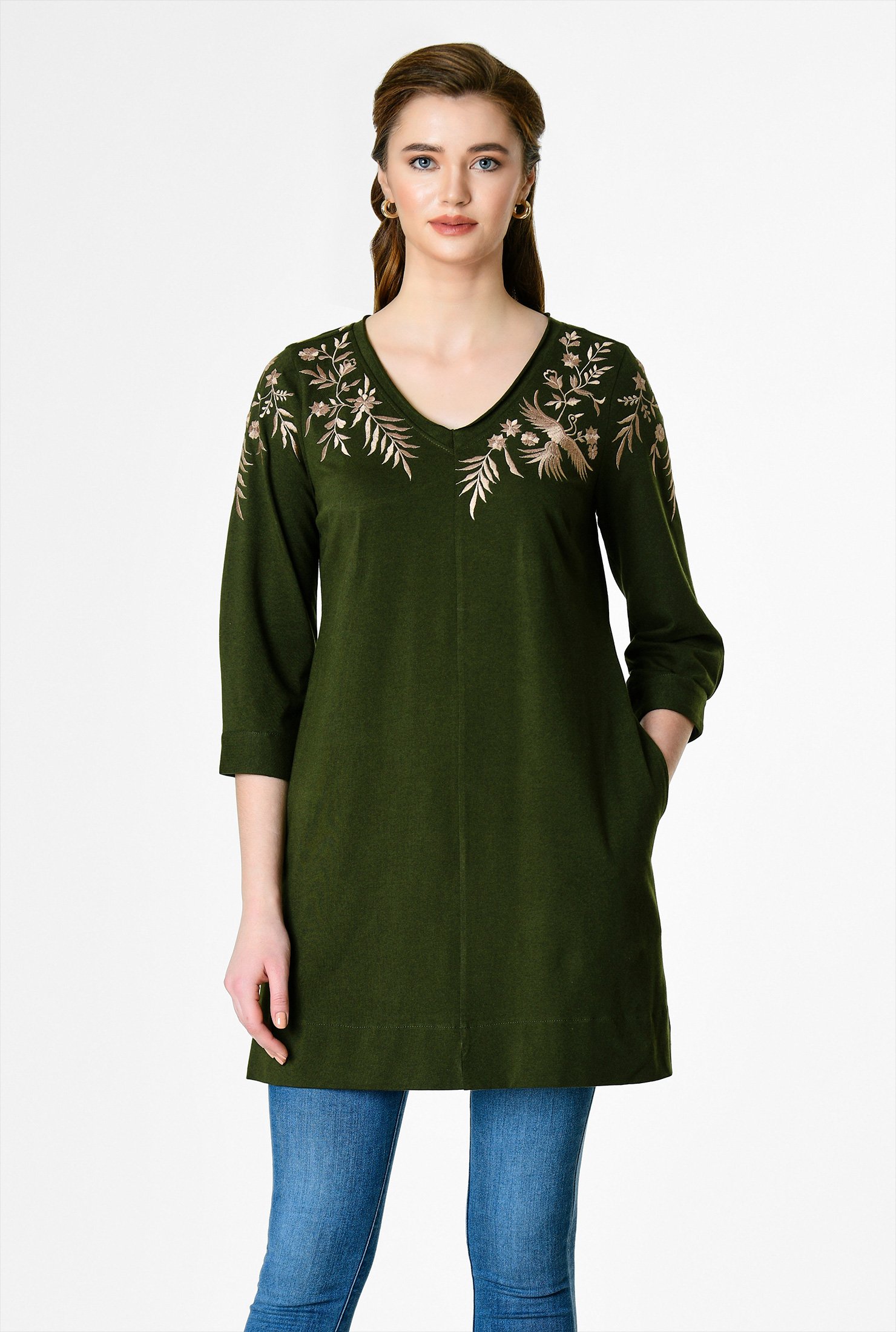 Shop Bird embellished cotton knit tunic eShakti