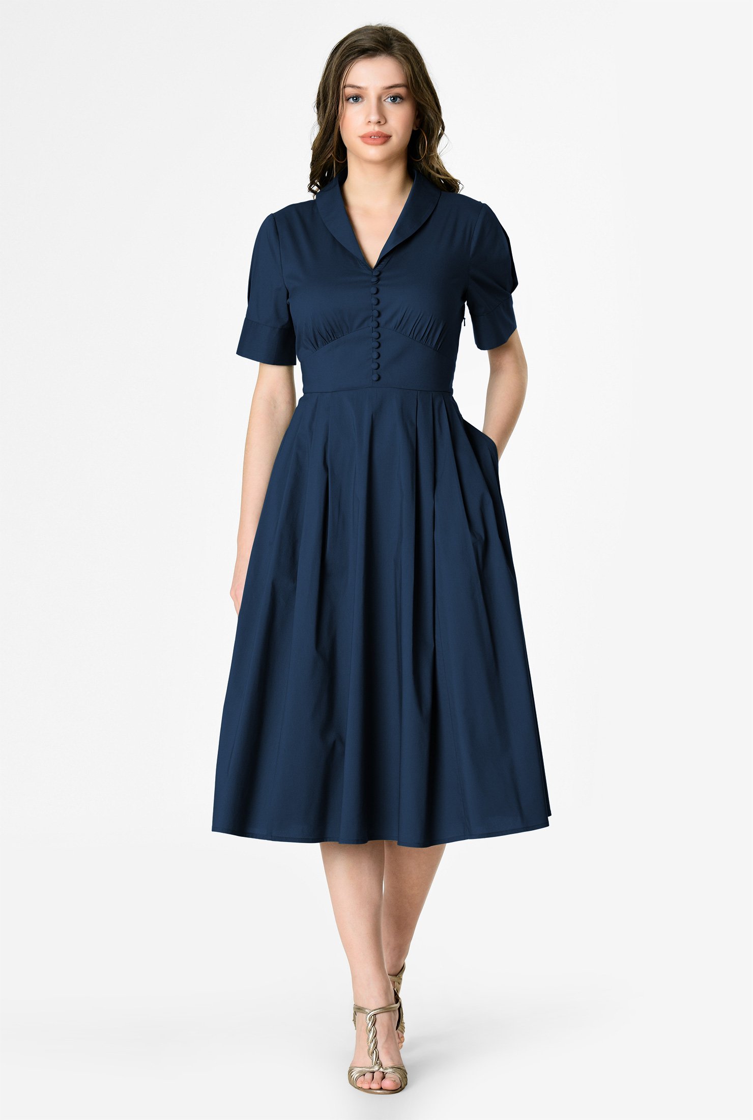 Shop Shawl collar cotton poplin banded empire dress | eShakti