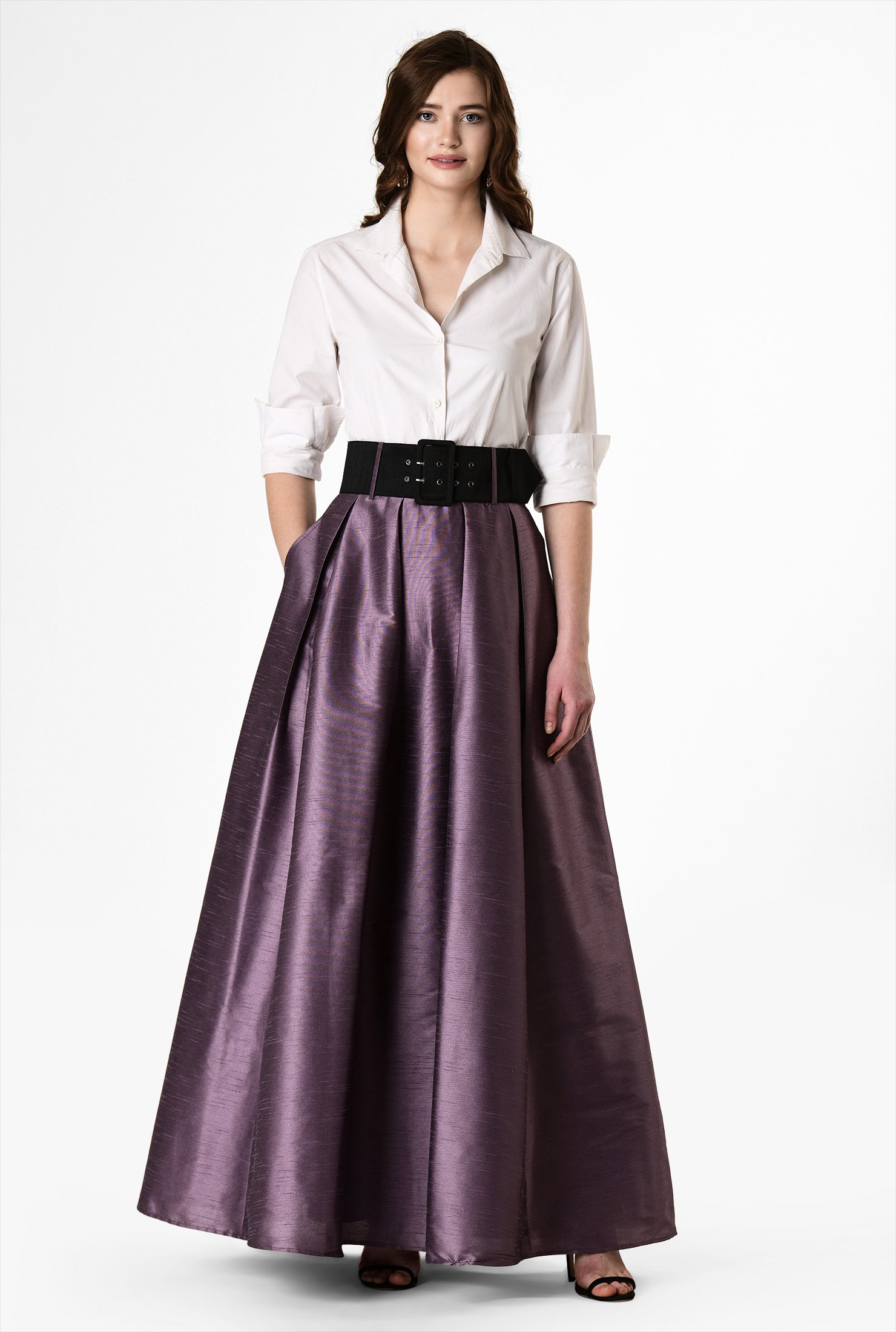 Shop Pleated dupioni wide belt maxi skirt | eShakti
