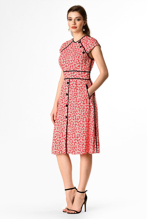 Shop Button accent piped trim floral print dress | eShakti