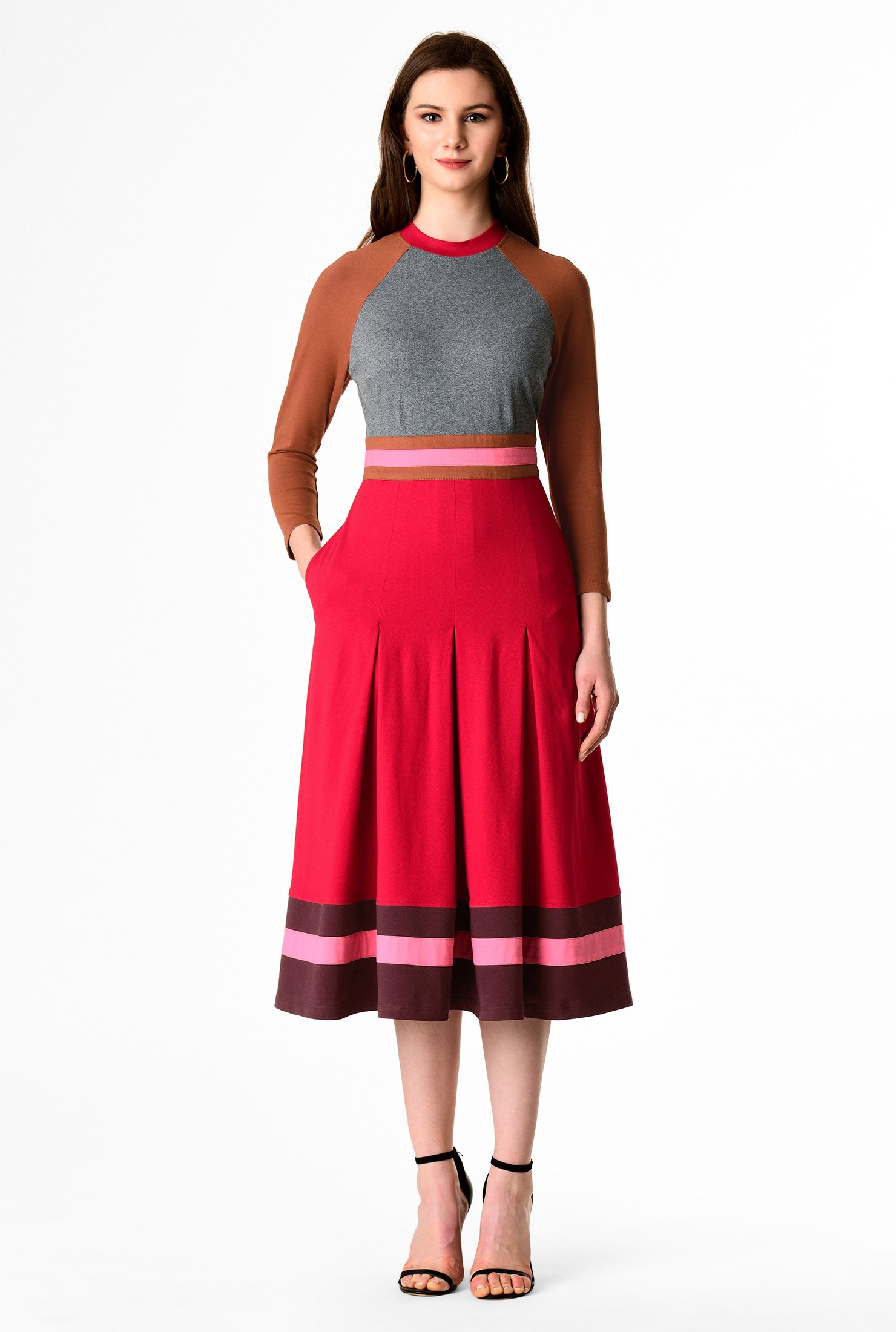 Shop Banded stripe trim colorblock cotton knit dress | eShakti