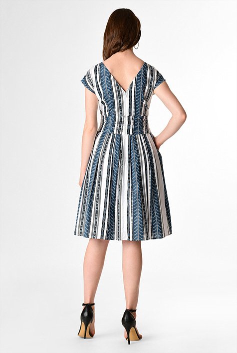 Cotton dobby stripe pleated empire dress