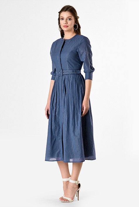 Shop Cotton lurex stripe belted shirtdress | eShakti