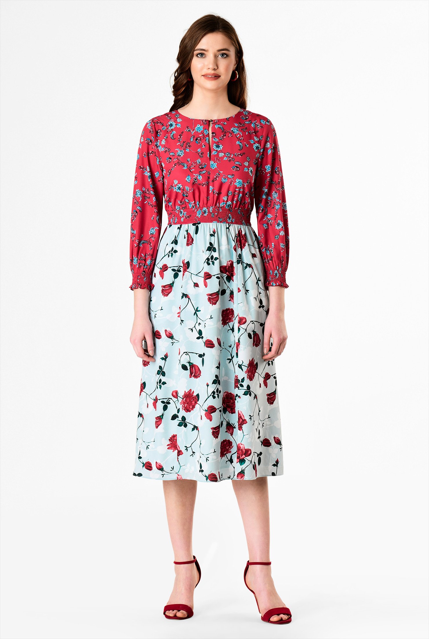 Shop Mixed floral print crepe smocked waist dress | eShakti