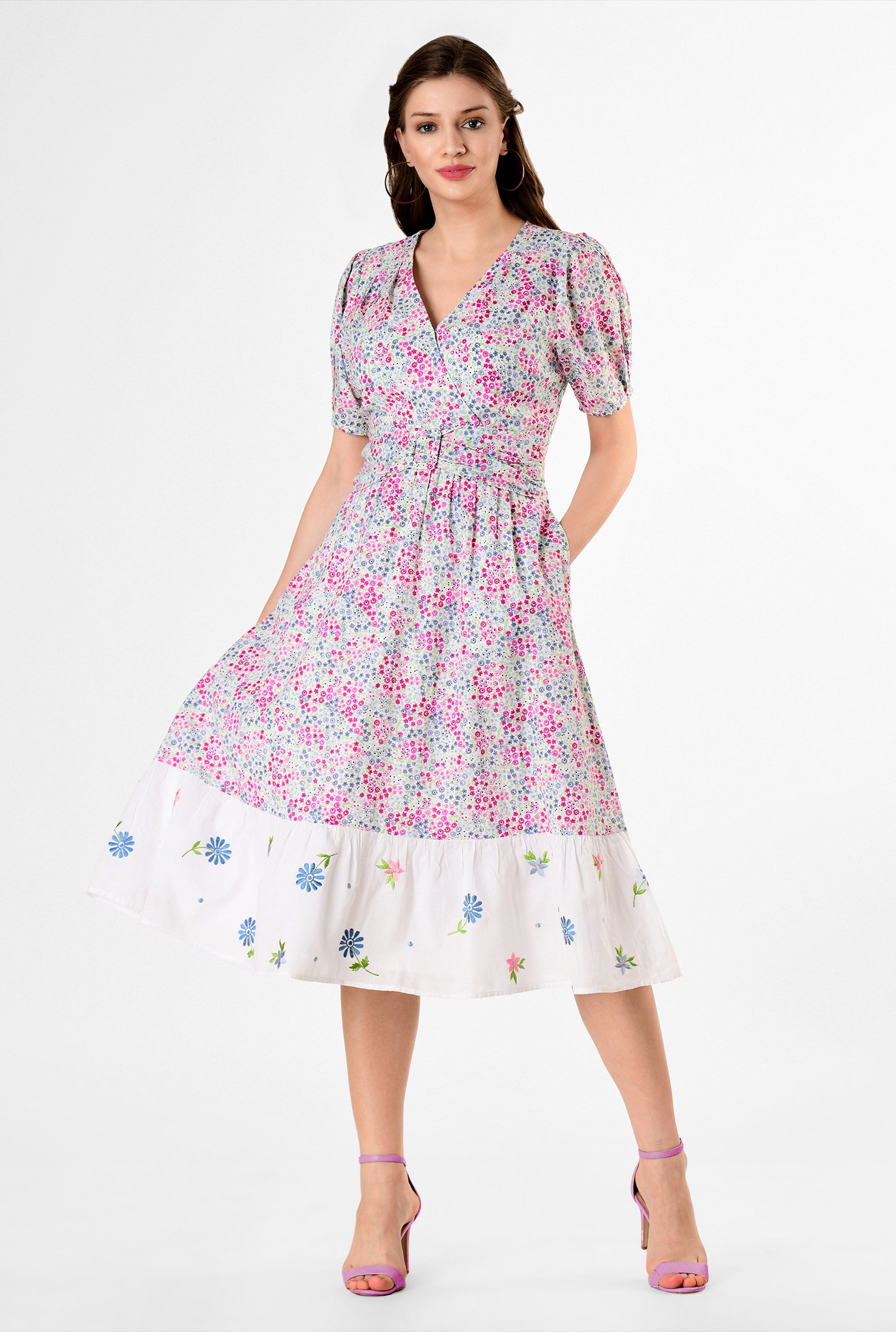 Shop Floral embellished poplin trim floral print cotton dress | eShakti