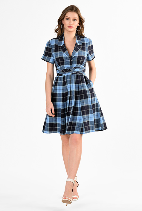 Shop Summer cotton plaid notch collar dress eShakti