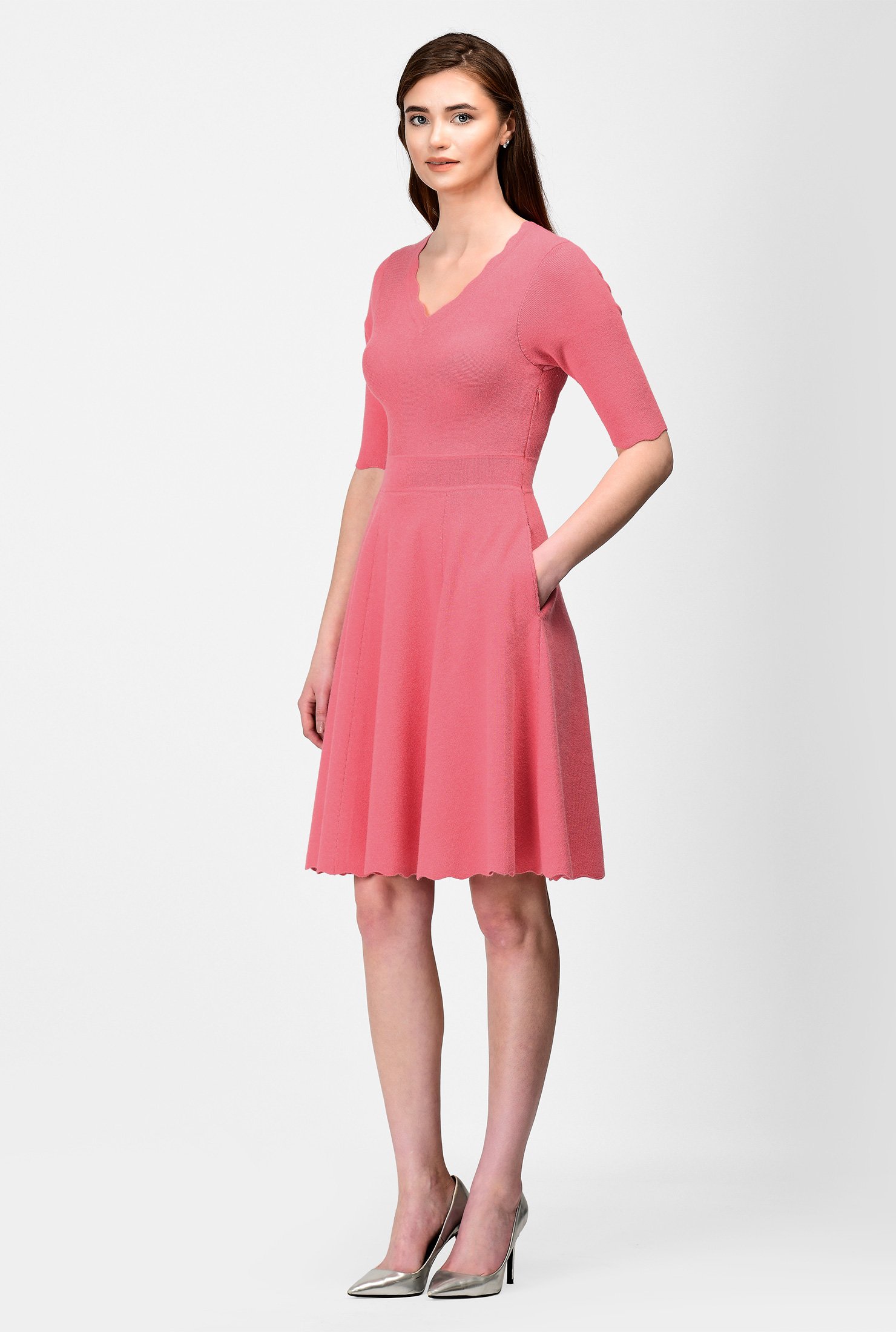 Shop Scallop Trim Fit-and-flare Knit Dress | EShakti