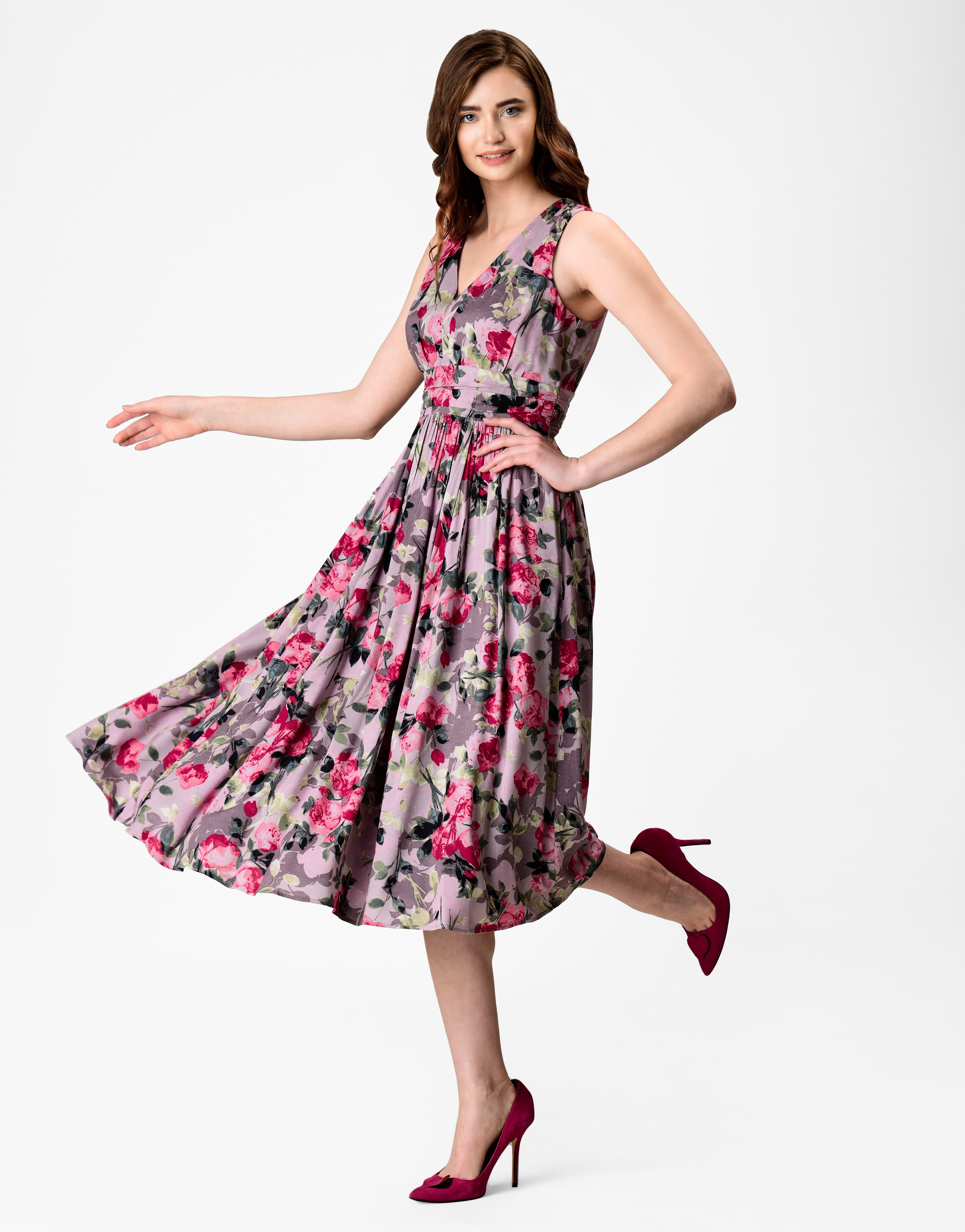 Shop Rose print pleat waist dress | eShakti