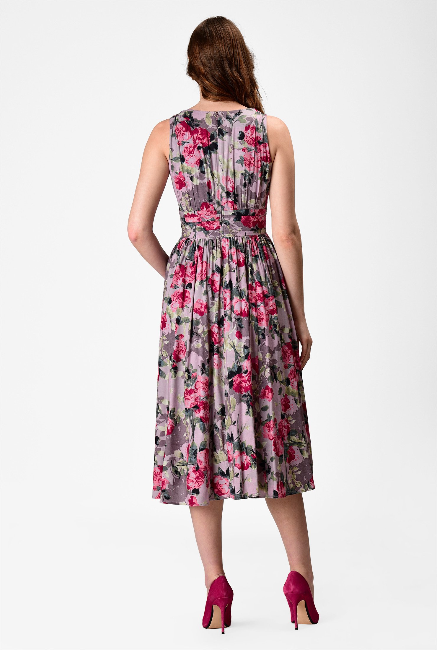 Shop Rose print pleat waist dress | eShakti