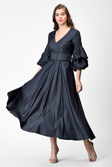 Women's Plus Solid Bishop Sleeve Maxi Belted Dress 4XL(20) Black -  Walmart.com