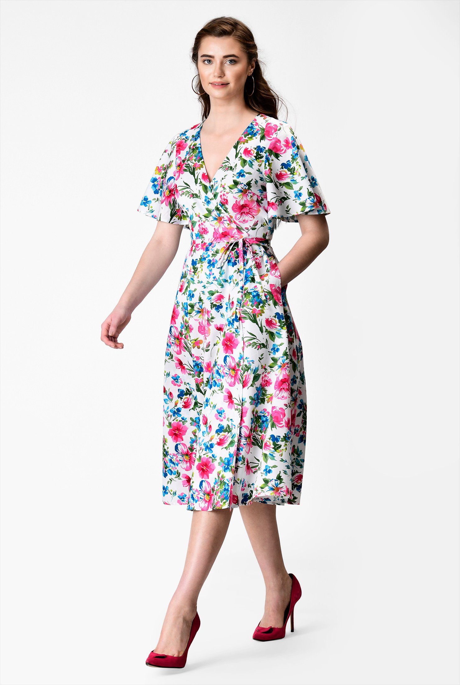 Shop Flutter sleeve floral print cotton wrap dress | eShakti