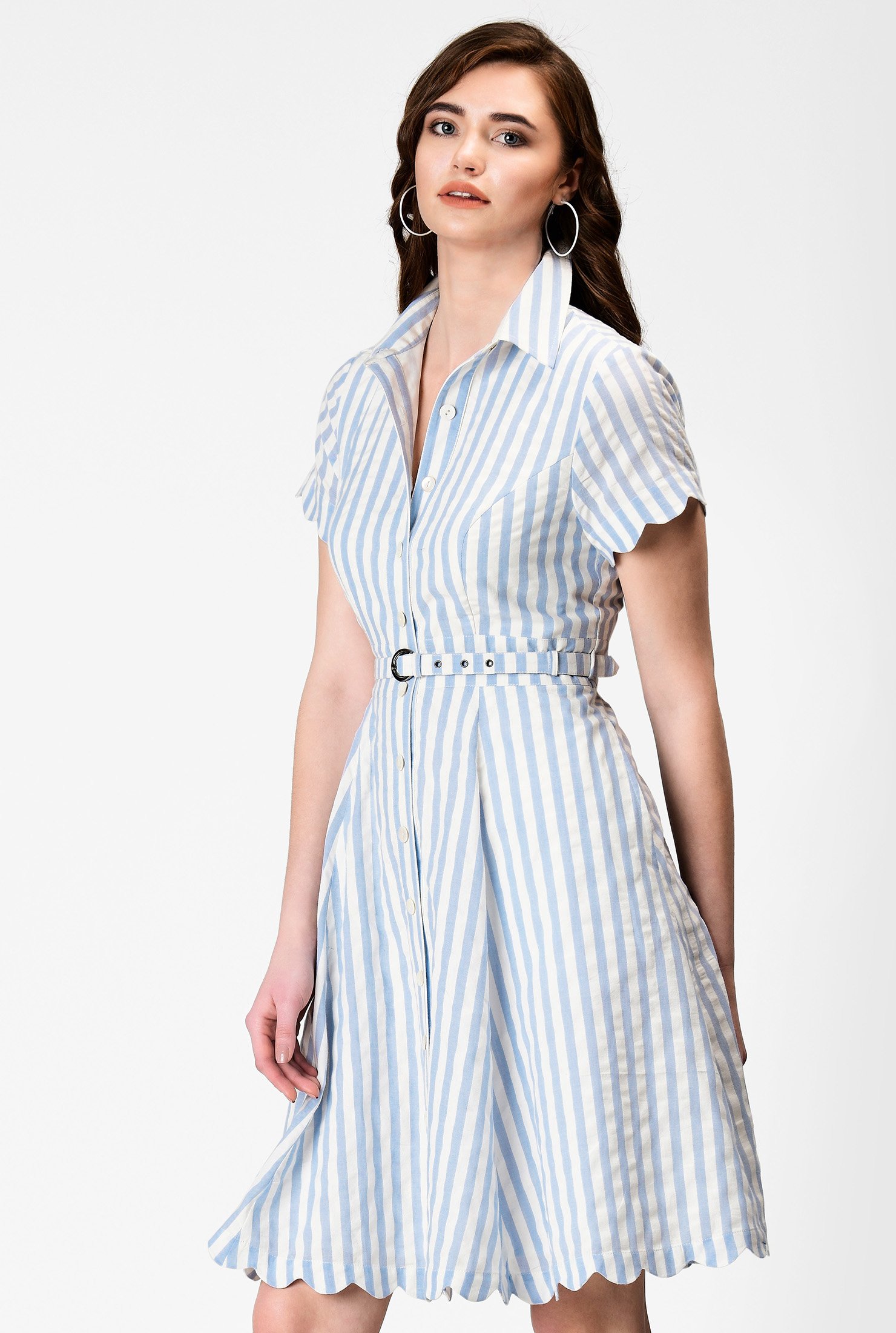 Shop Scallop trim seersucker stripe cotton shirtdress | eShakti