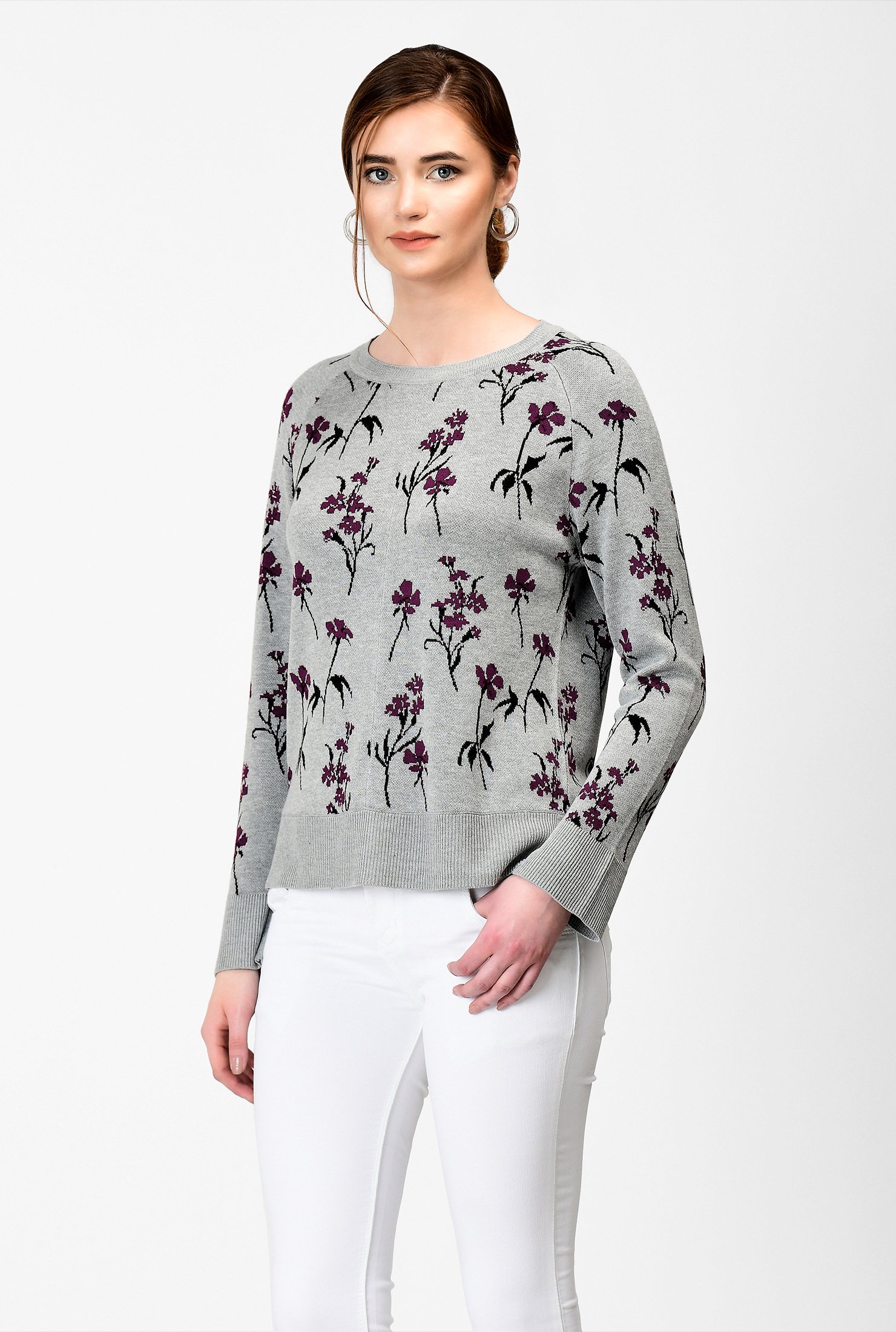 Shop Floral jacquard sweater knit pullover eShakti