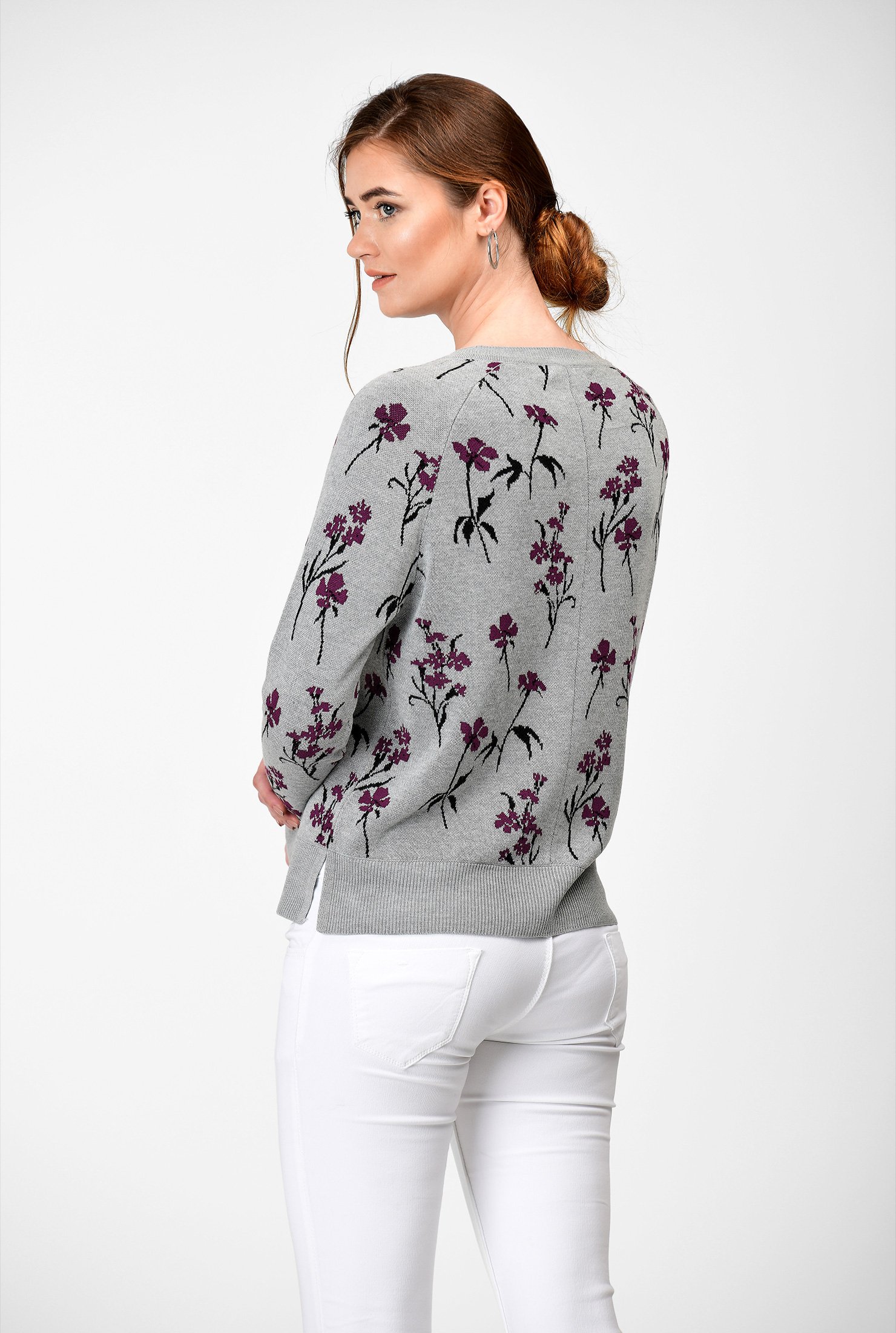 Shop Floral jacquard sweater knit pullover eShakti