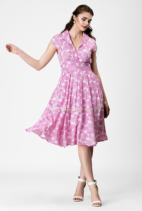 Shop Lace trim floral print trapunto waist dress | eShakti