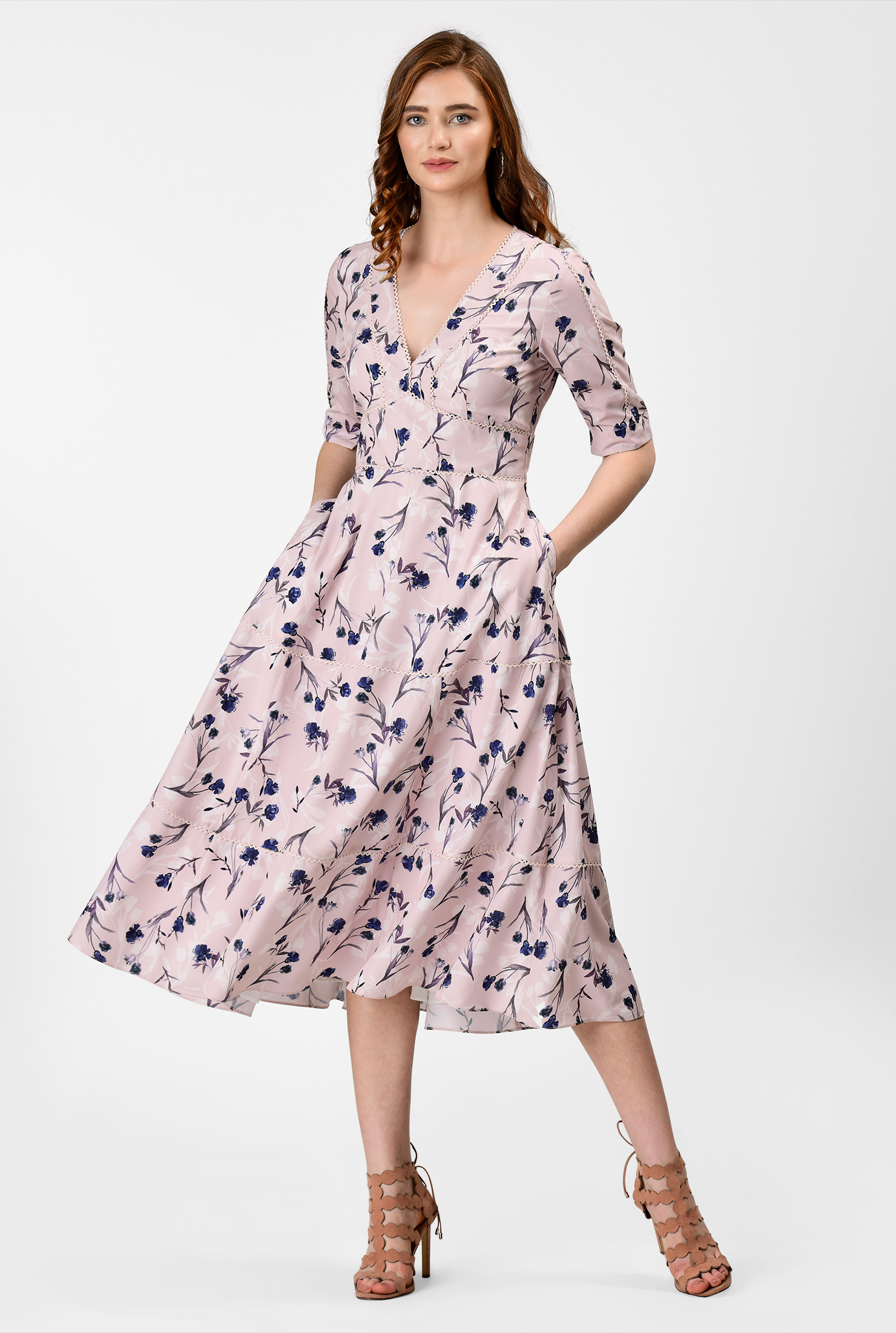 Shop Ricrac trim floral print crepe banded empire dress eShakti