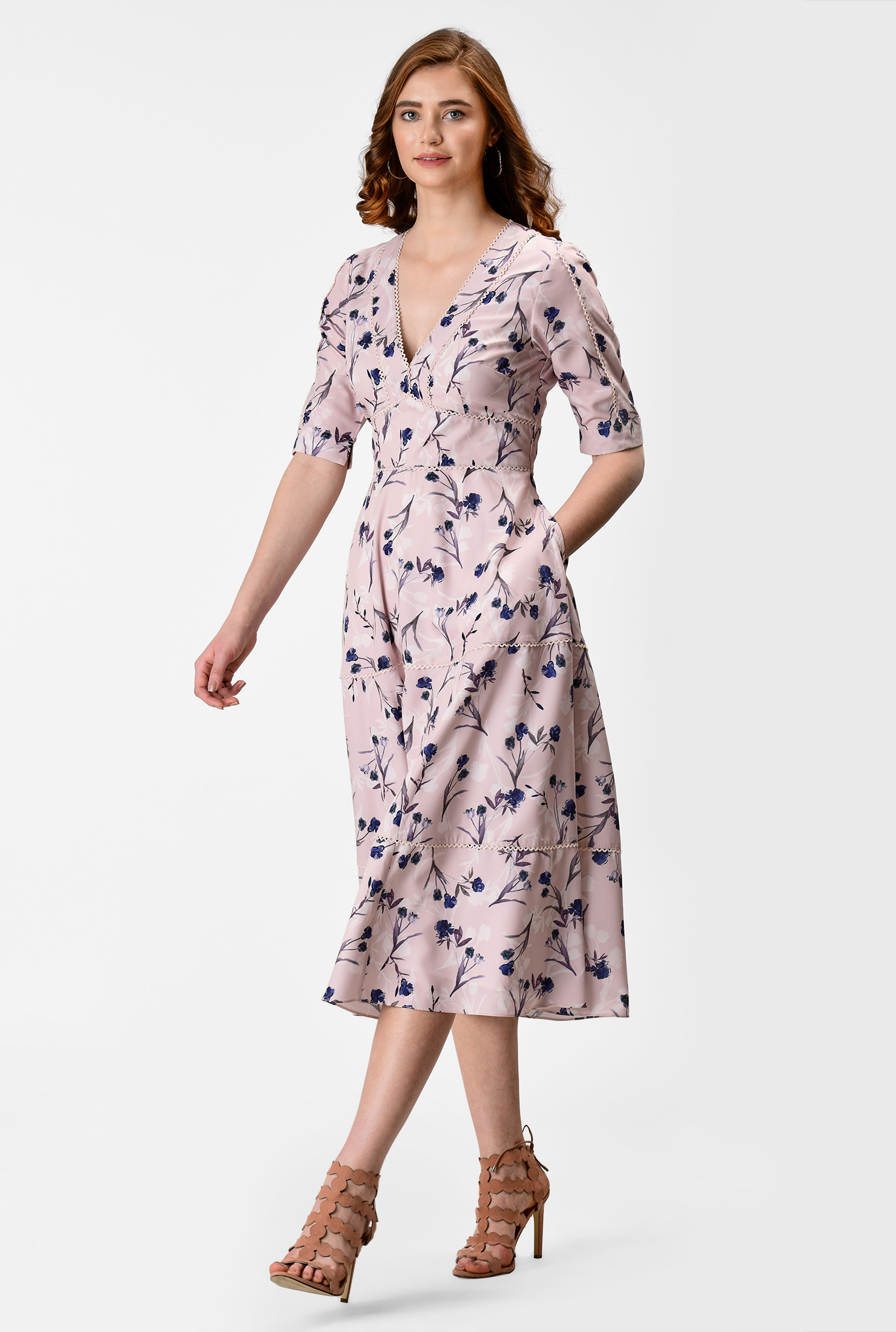 Shop Ricrac trim floral print crepe banded empire dress eShakti