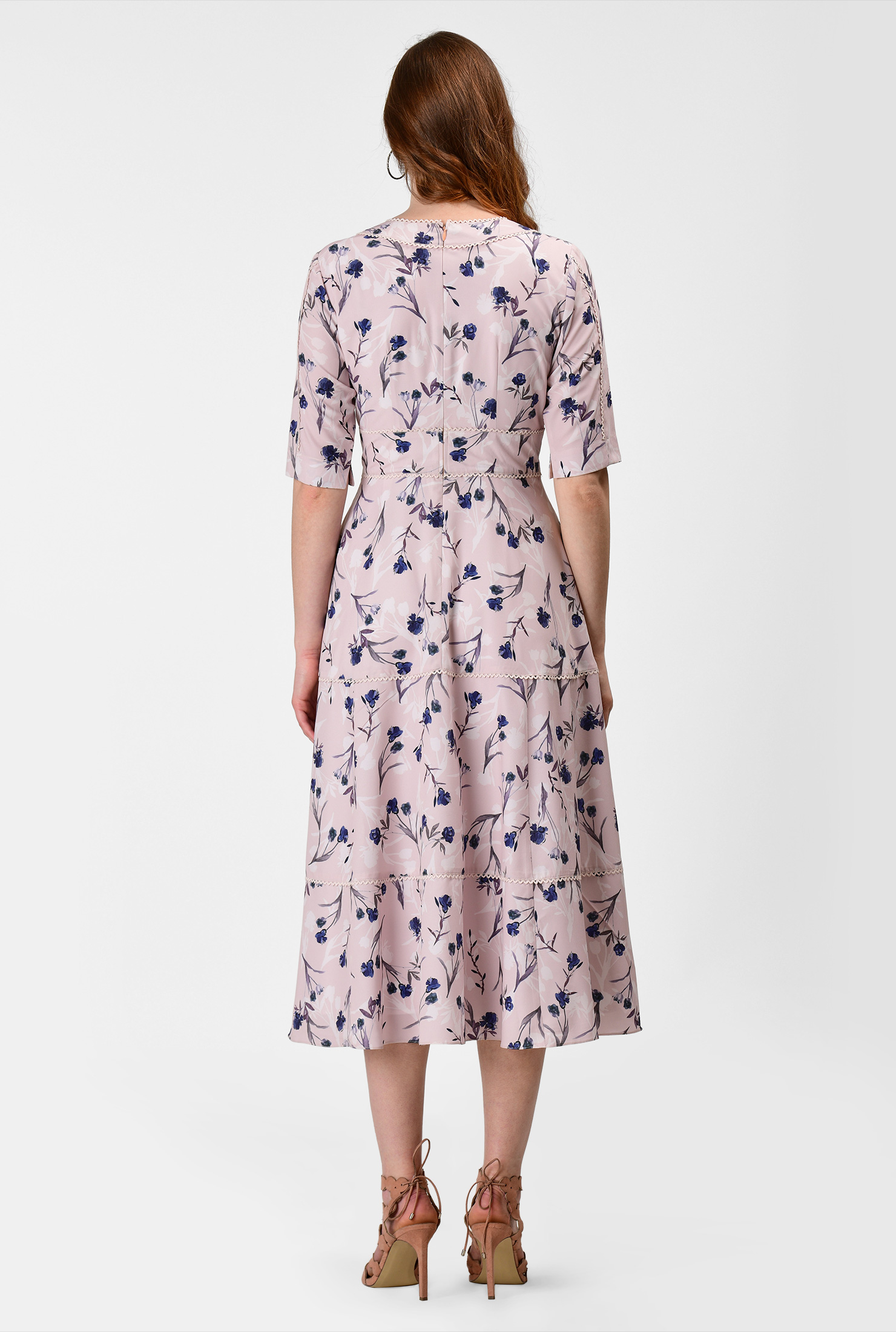 Shop Ricrac trim floral print crepe banded empire dress eShakti