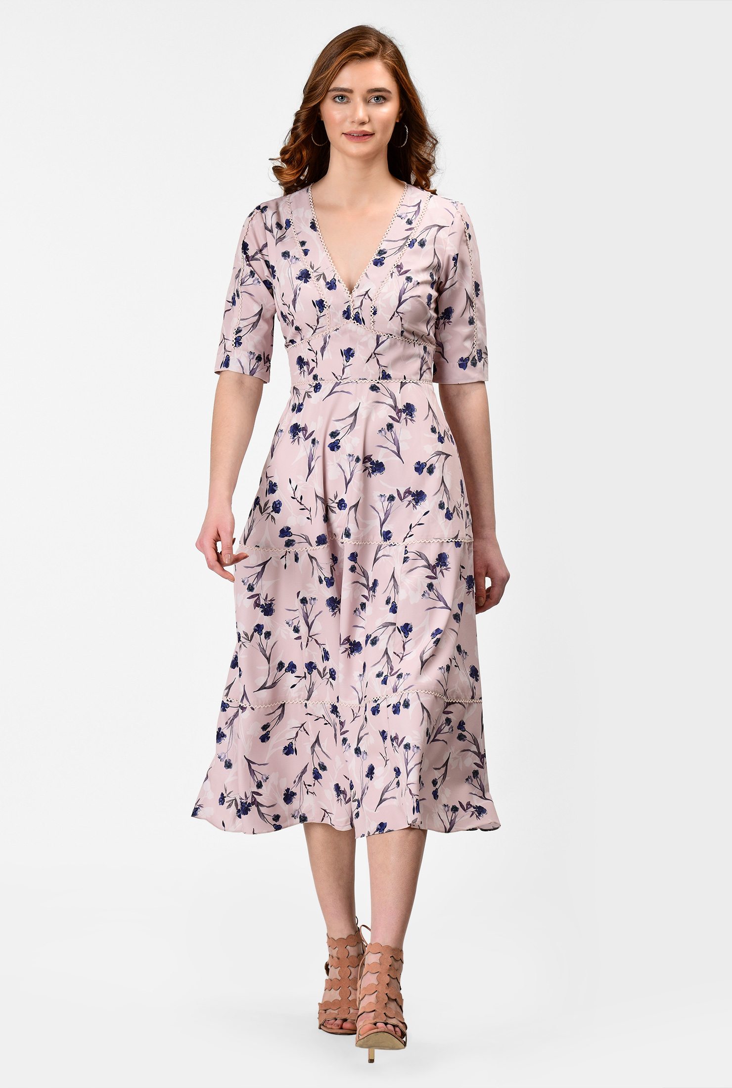 Shop Ricrac trim floral print crepe banded empire dress eShakti