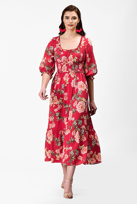 Shop Floral print crepe ruched maxi dress | eShakti