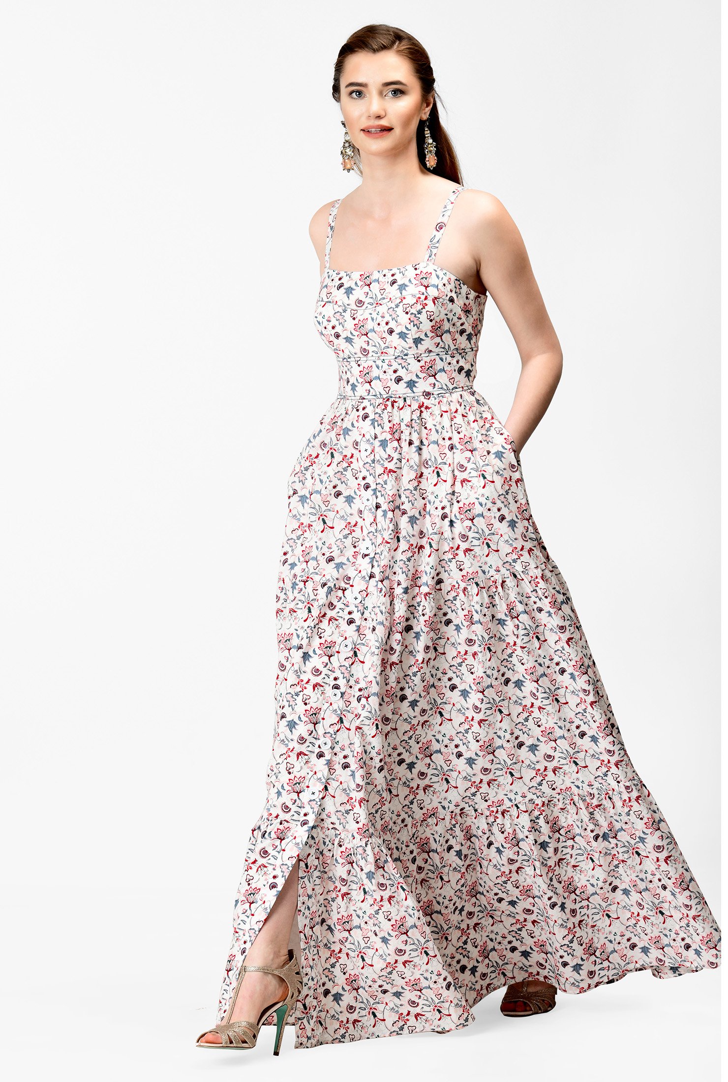 Shop Floral print cotton ruched tier maxi dress | eShakti