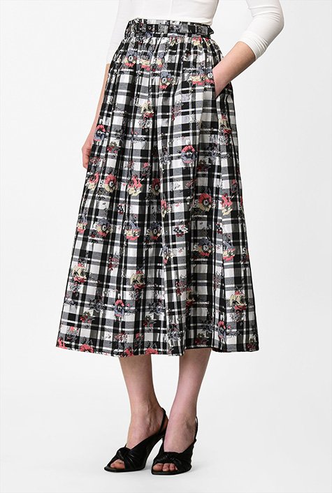 Floral jacquard check ruched skirt