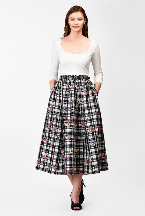 Floral jacquard check ruched skirt