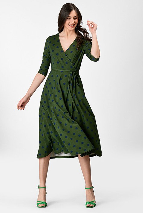 Shop Polka dot cotton knit midi wrap dress eShakti