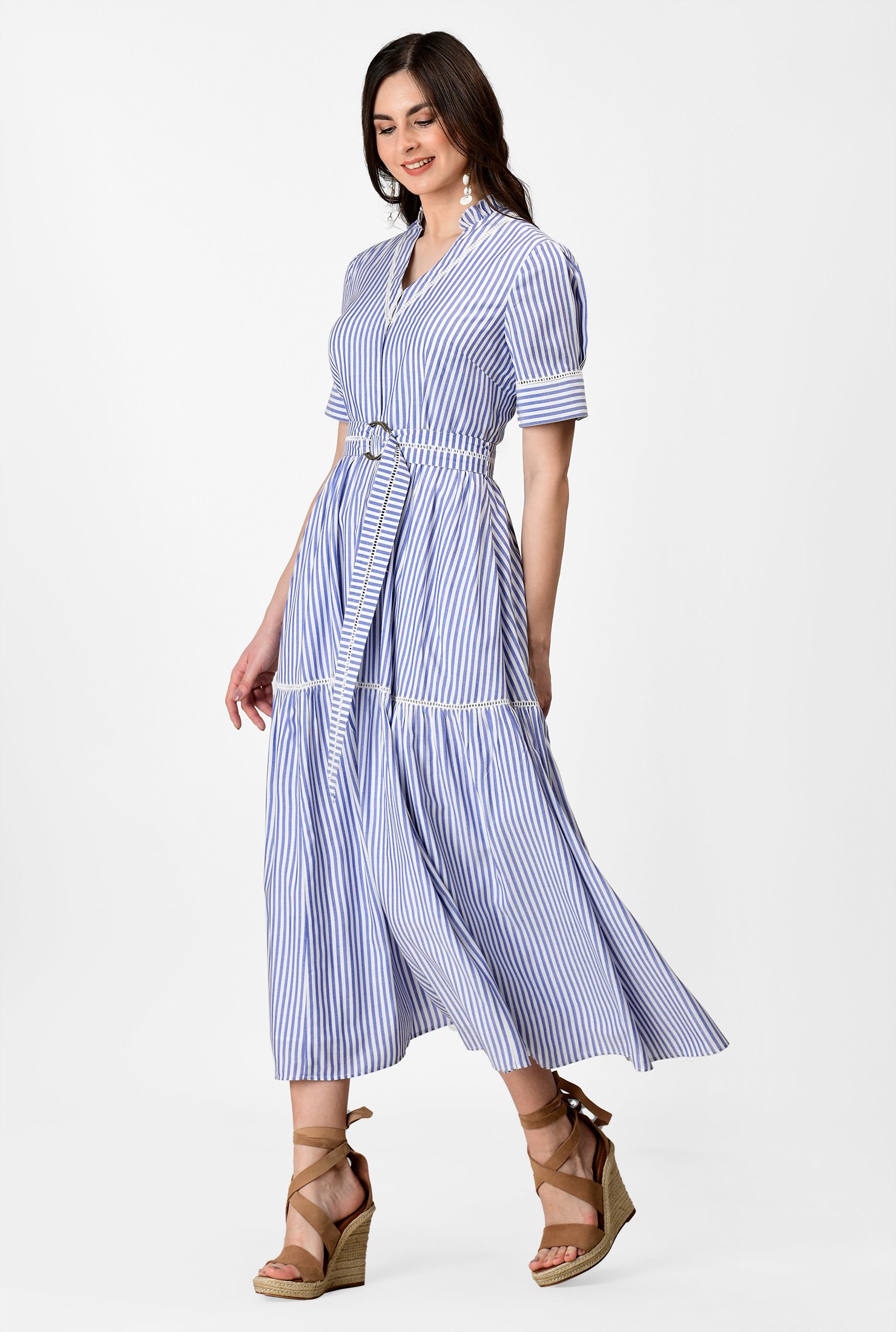 Shop Ruffle stripe lattice trim tiered dress | eShakti