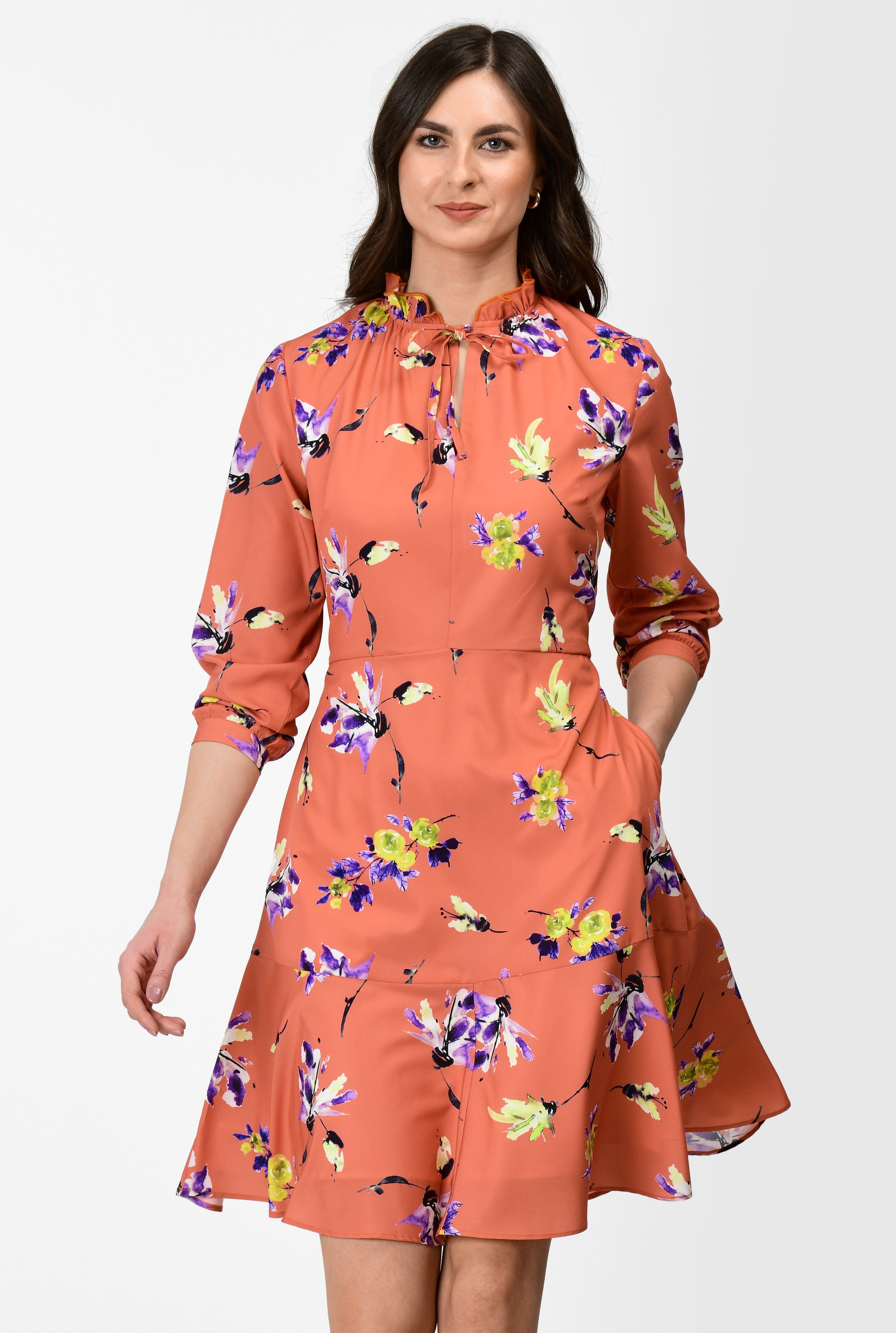 Shop Ruffle neck floral print crepe dress | eShakti