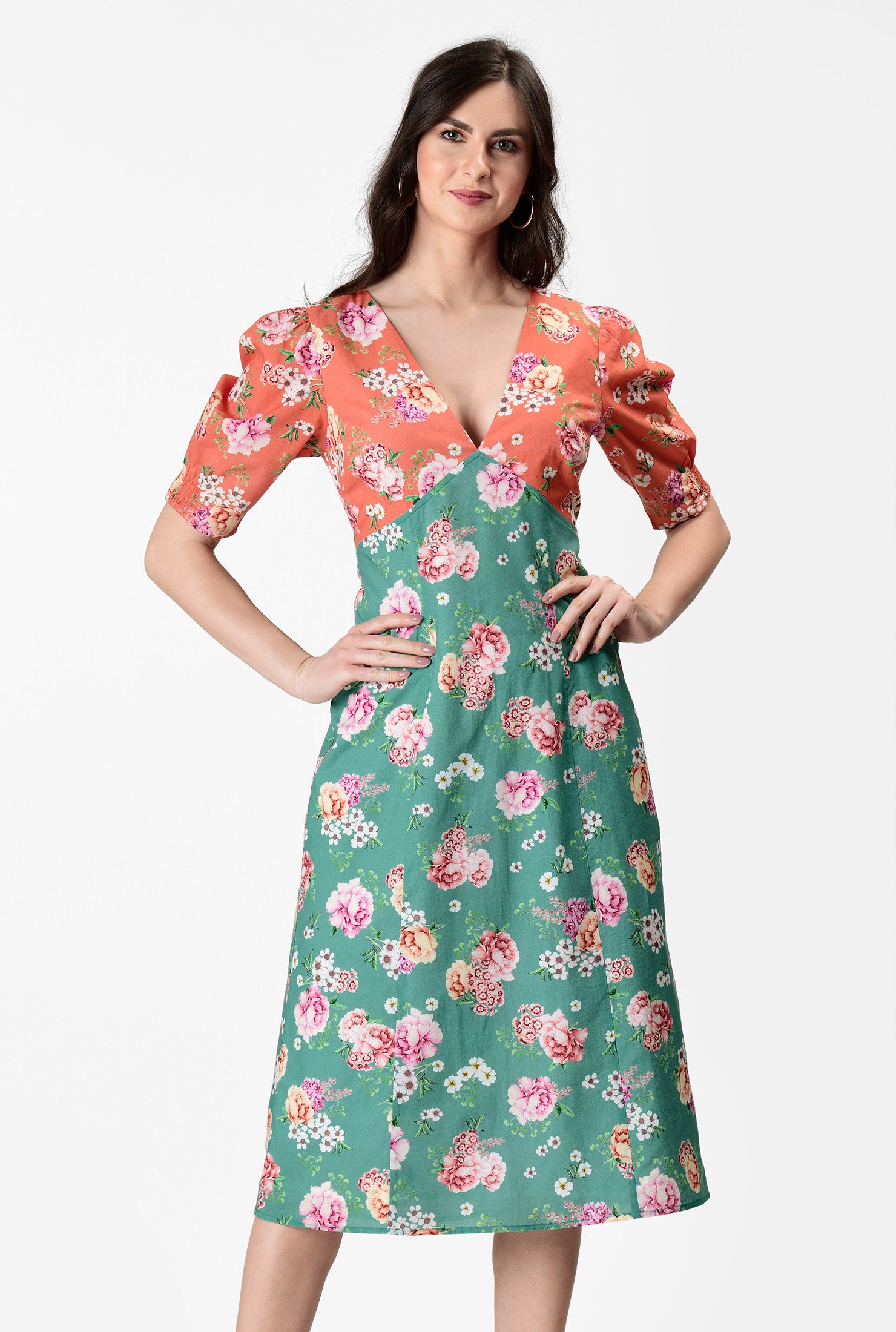 Shop Mixed floral print cotton A-line dress | eShakti