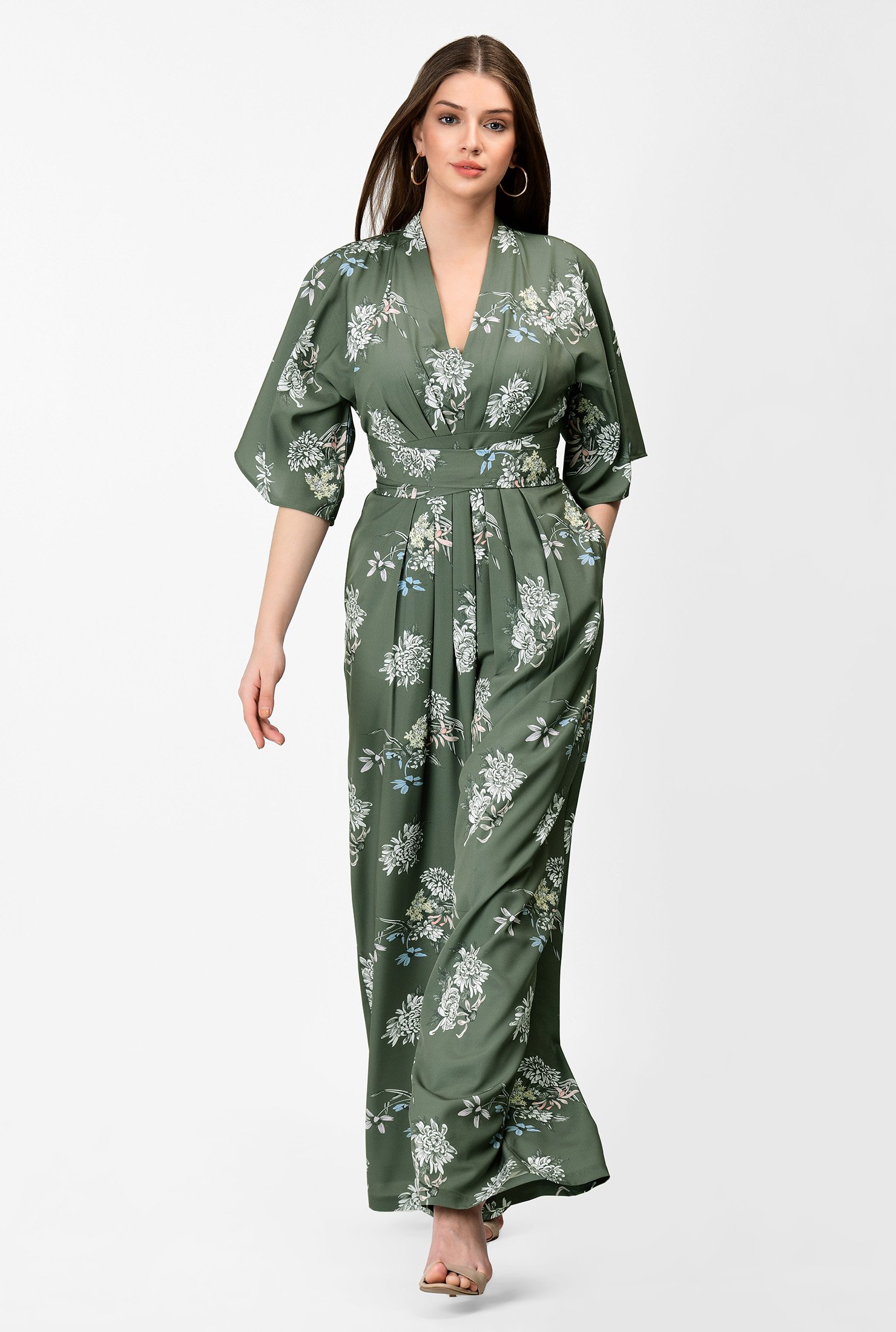 Shop Pleated floral print crepe jumpsuit | eShakti