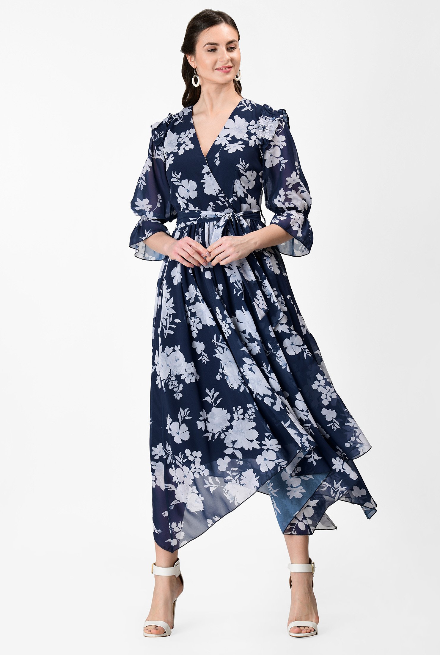 Shop Handkerchief hem floral print georgette surplice dress | eShakti