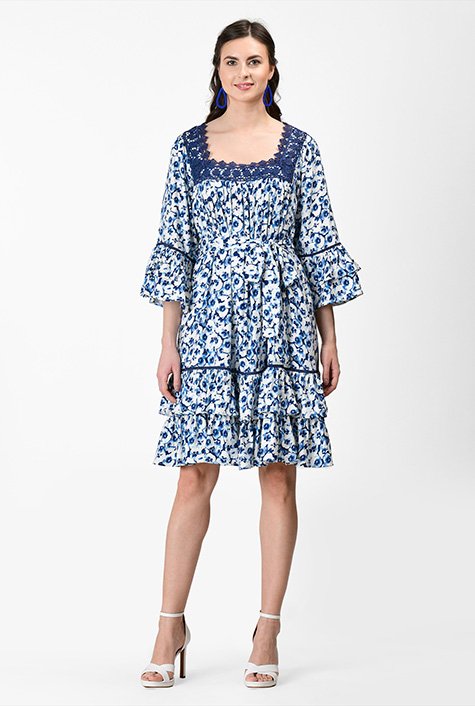 Shop Lace trim floral print ruffle flounce dress | eShakti
