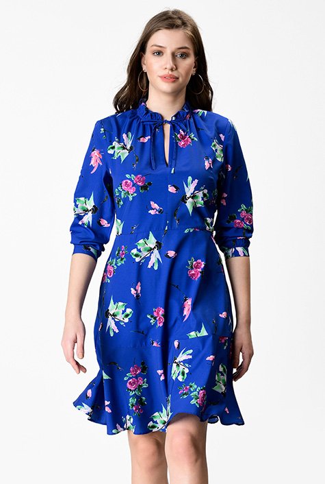 Shop Ruffle neck floral print crepe dress | eShakti