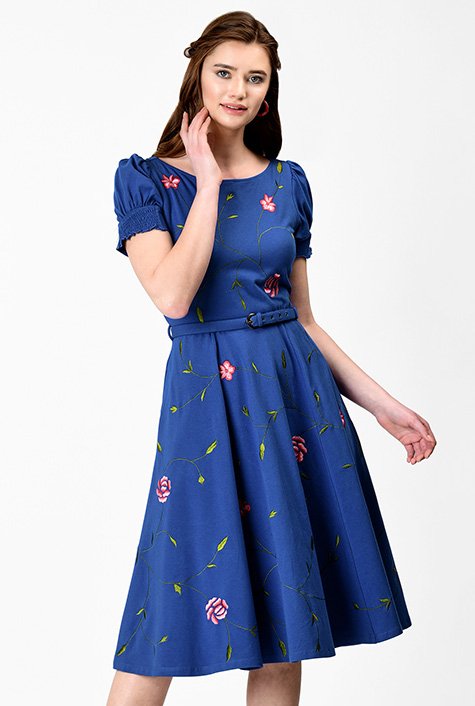 Shop Floral vine embroidery cotton knit belted dress