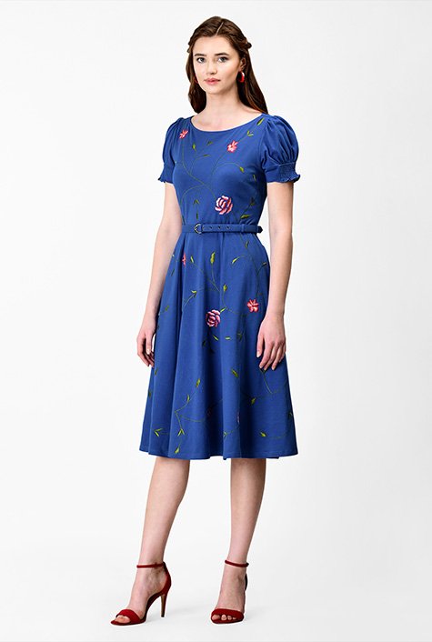 Floral vine embellished cotton knit belted dress