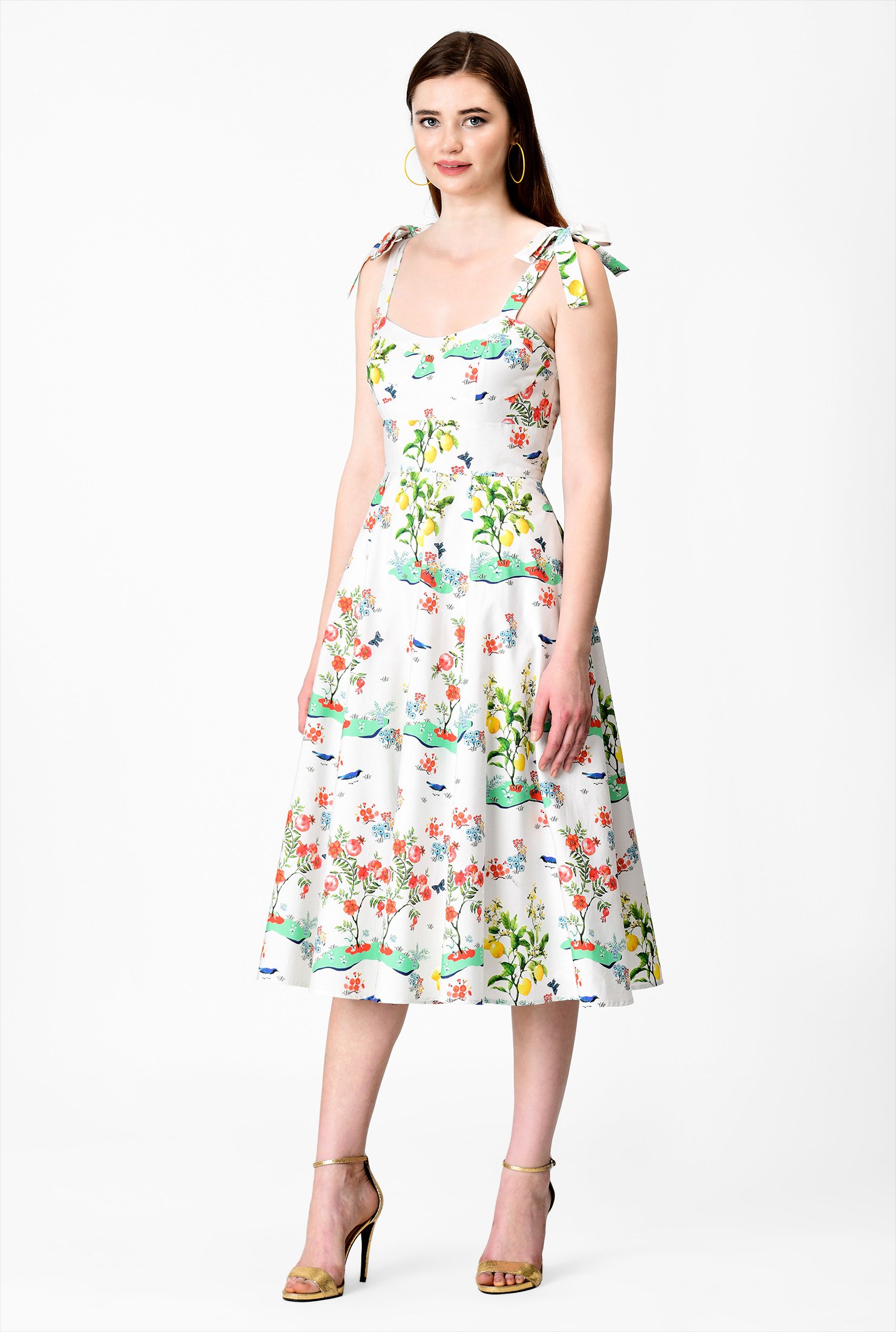 Shop Tropical orchard print shoulder tie poplin dress | eShakti