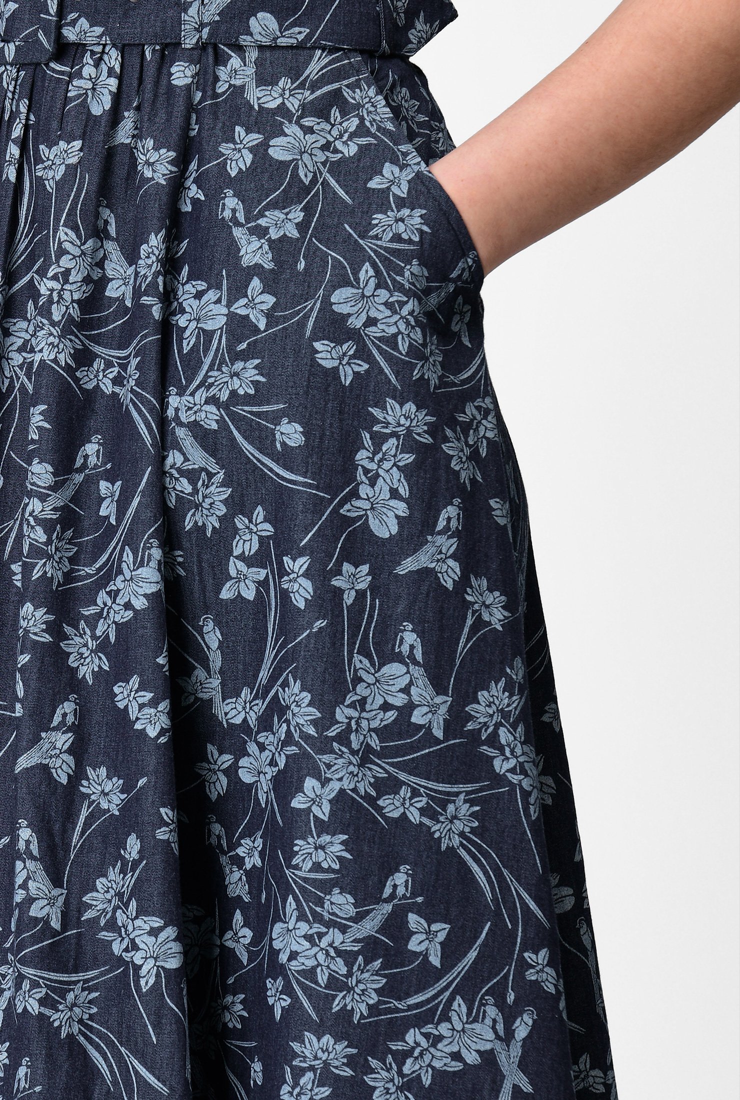 Shop Floral print cotton denim shirtdress | eShakti