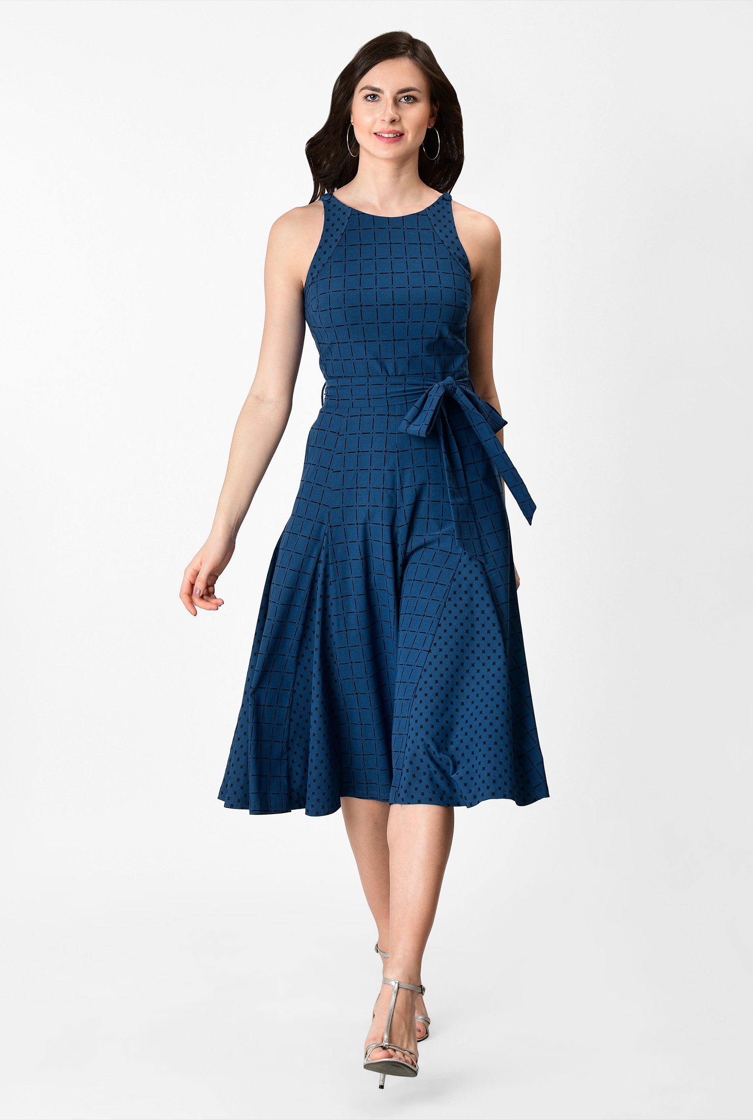 Shop Windowpane print twill star print godet dress | eShakti