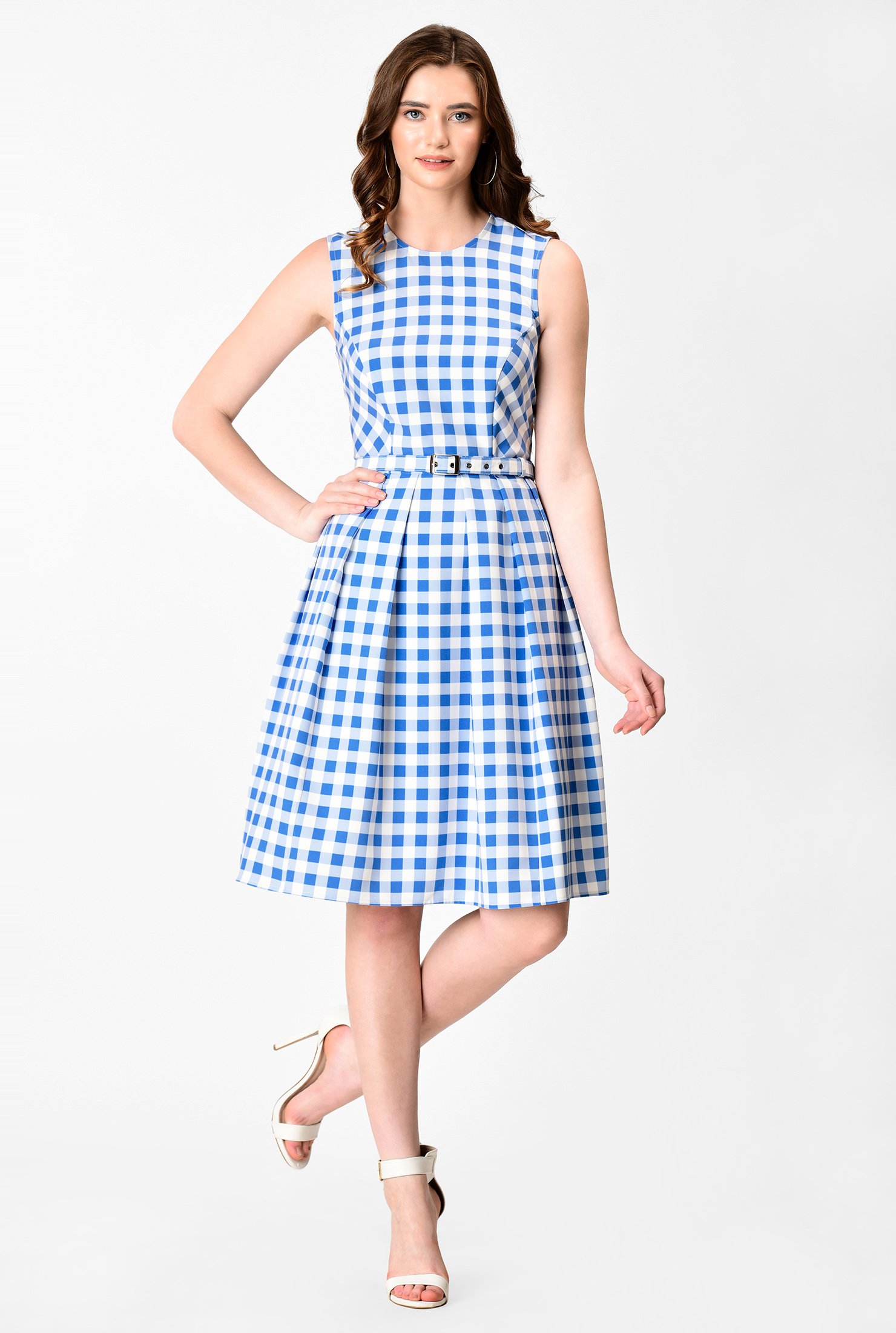 Shop Gingham check stretch twill scuba belted dress | eShakti