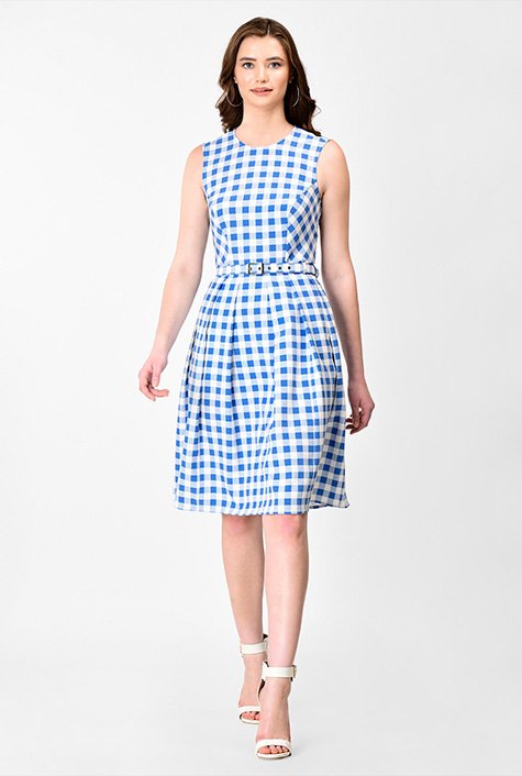 Shop Gingham check stretch twill scuba belted dress | eShakti