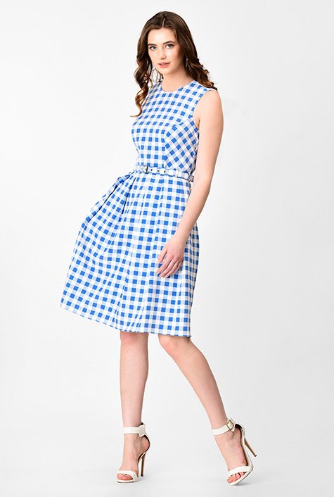 Shop Gingham check stretch twill scuba belted dress | eShakti