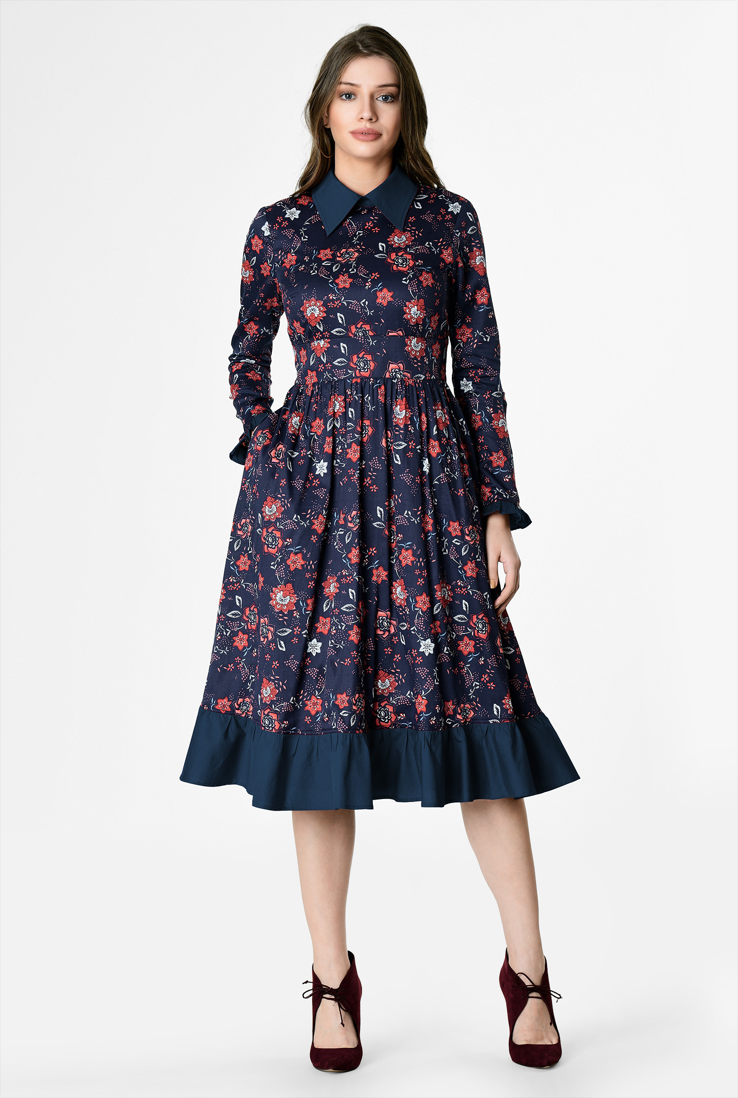 Shop Ruffle floral print cotton satin dress eShakti