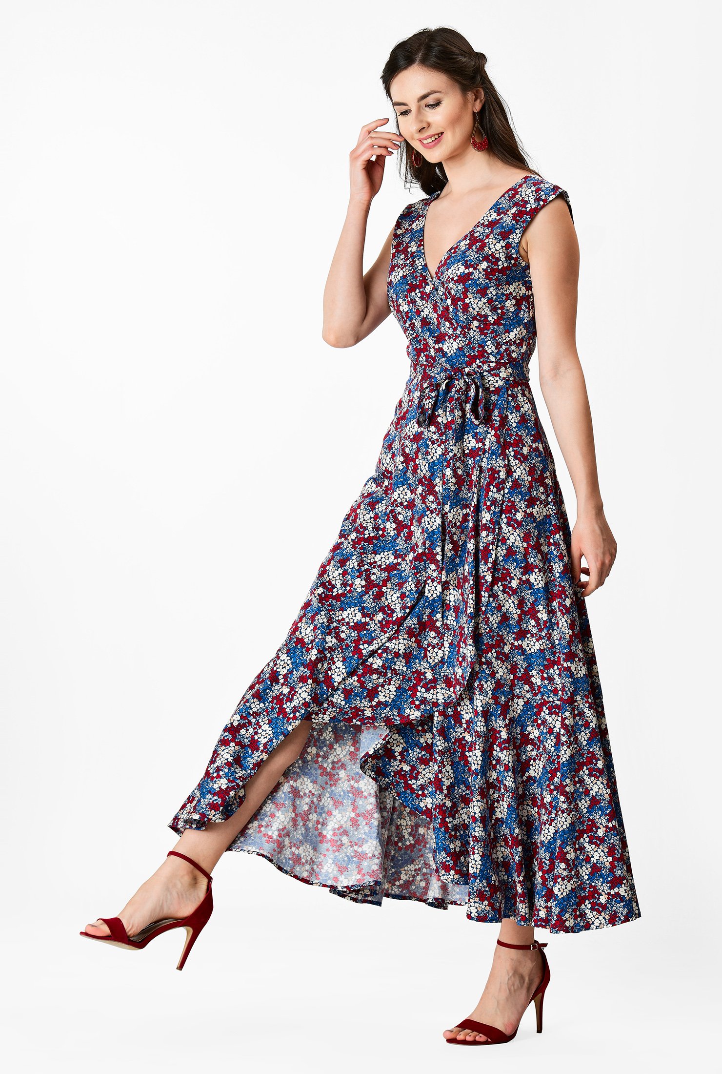 Shop Ruffle floral print wrap maxi dress | eShakti