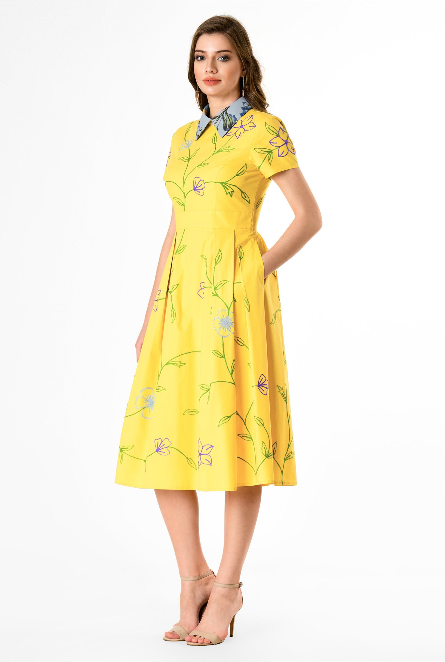 Shop Floral embellished contrast collar poplin dress | eShakti