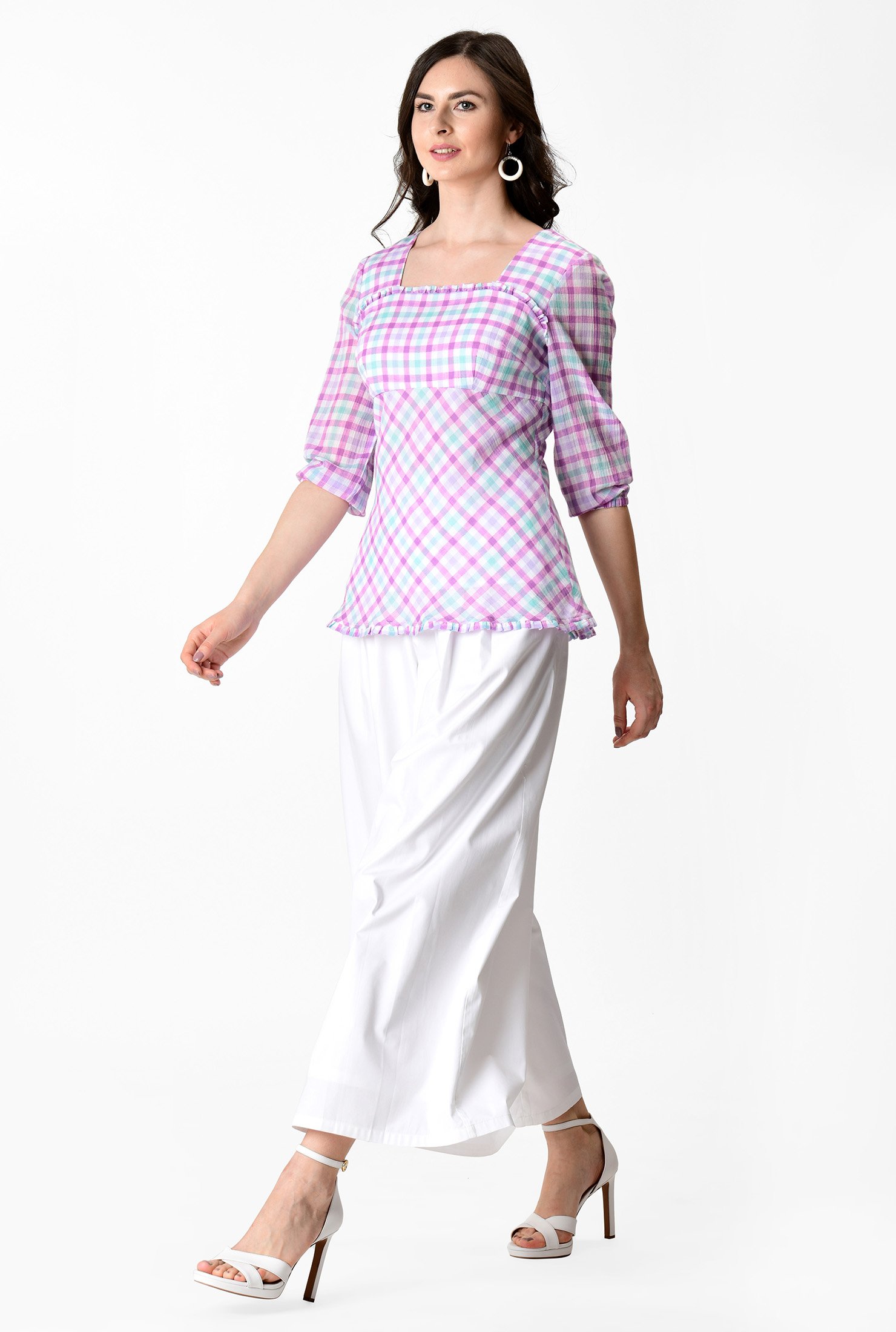 Shop Ruffle frill trim cotton check gauze blouse | eShakti