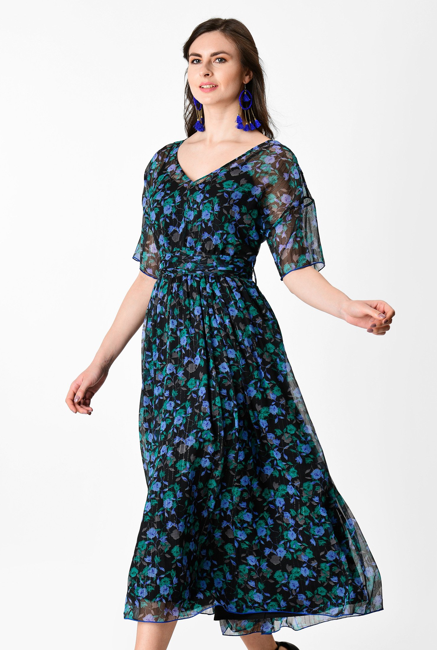 Shop Floral print lurex chiffon sash tie dress | eShakti