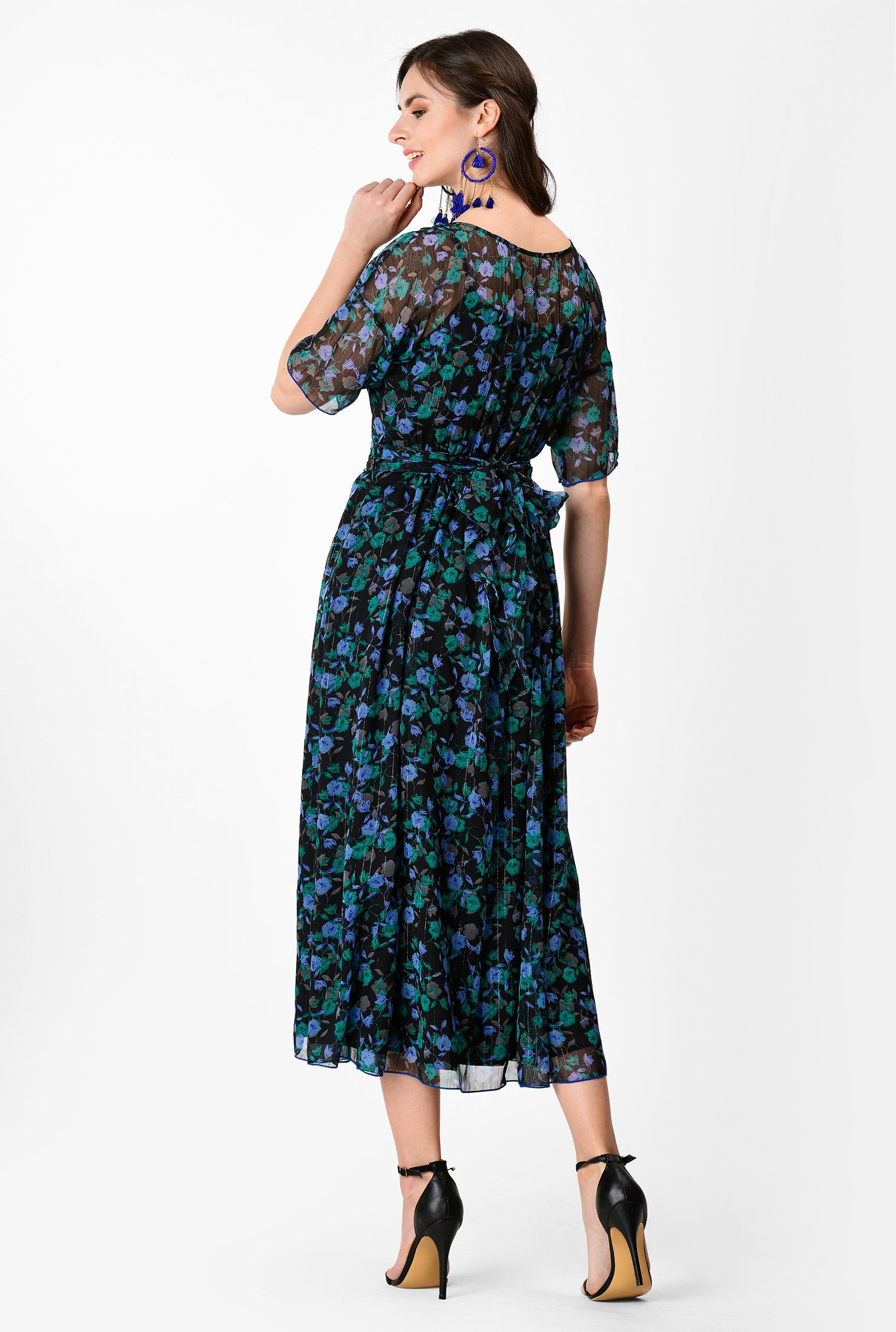 Shop Floral print lurex chiffon sash tie dress | eShakti